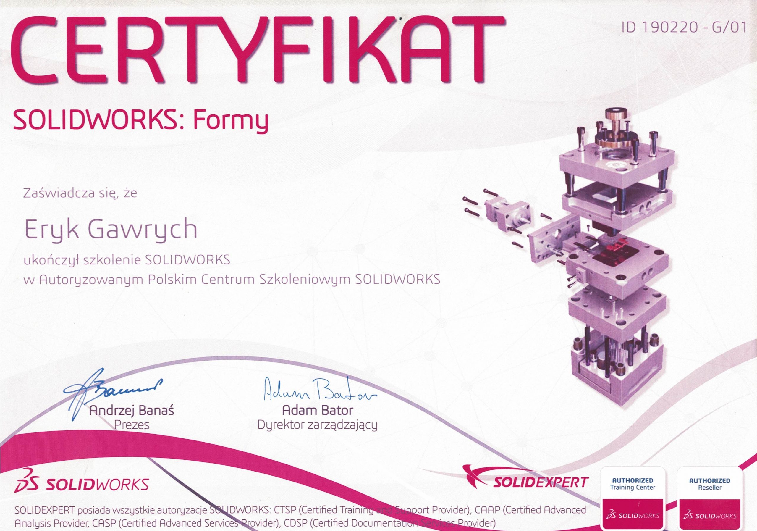 Certyfikat SOLIDWORKS - formy - Eryk Gawrych