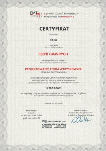 Certyfikat - projektowanie form wtryskowych Eryk Gawrych